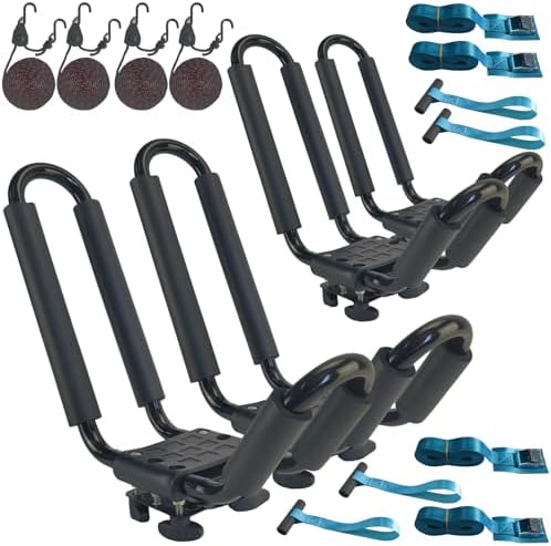 2 Pairs Heavy Duty Kayak Rack-Includes 4 Pcs Ratchet Tie-Mount on Car Roof Top Crossbar-Easy to Carry Kayak Canoe Boat Surf Ski (J-Bar Rack)