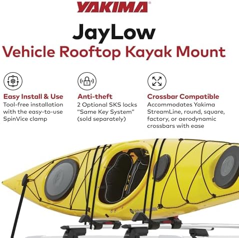 Yakima JayLow J-Cradle Rooftop Kayak Mount for 1 or 2 Kayaks – Car Roof Rack Carrier for Round, Square, Factory or Aerodynamic Crossbars, Holds 1 Boat Up to 80 Pounds or 2 Boats Up to 110 Pounds Total