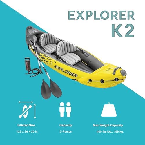 Intex 68307EP Explorer K2 Inflatable Kayak Set: Includes Deluxe 86in Aluminum Oars and High-Output Pump – SuperStrong PVC – Adjustable Seats with Backrest – 2-Person – 400lb Weight Capacity